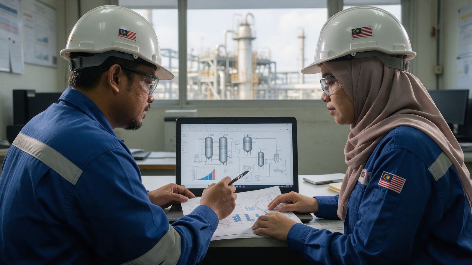 Engineers reviewing charts on a laptop