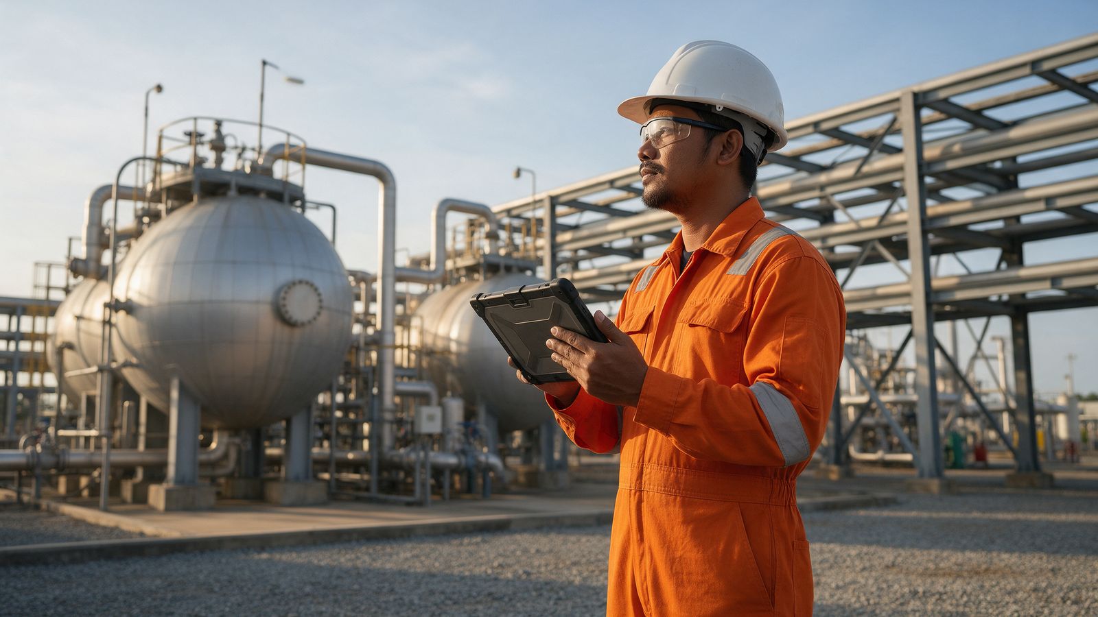 Inspection engineer with a tablet at a gas processing plant